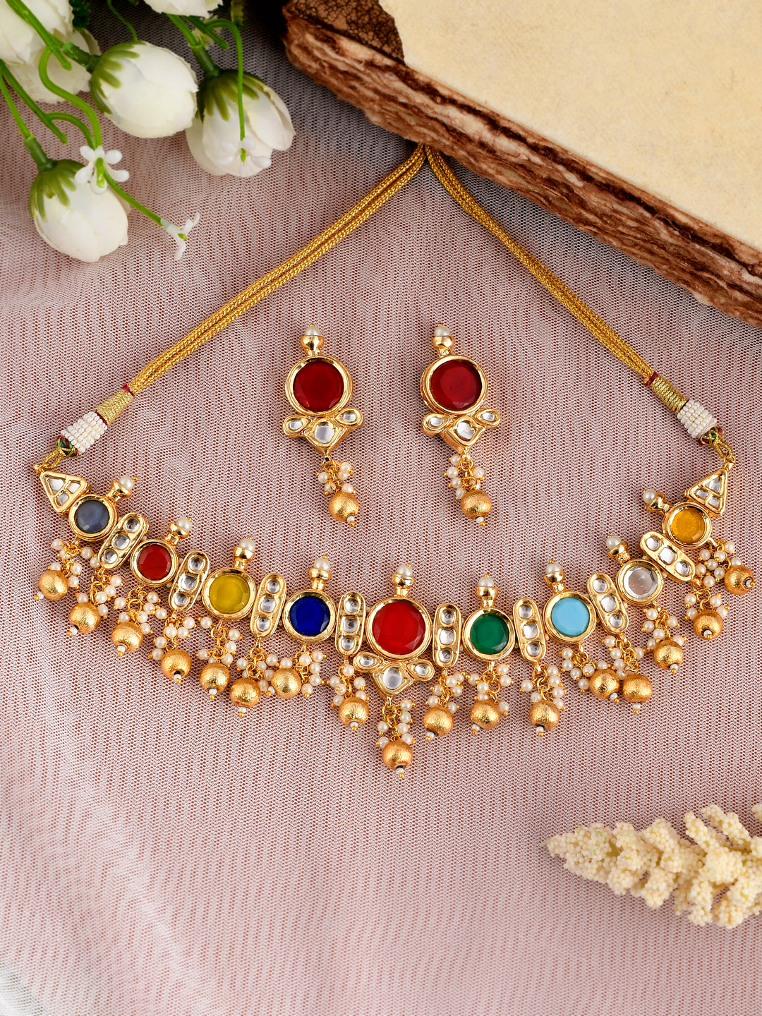 Red Kundan-Studded  Beaded Jewellery Set