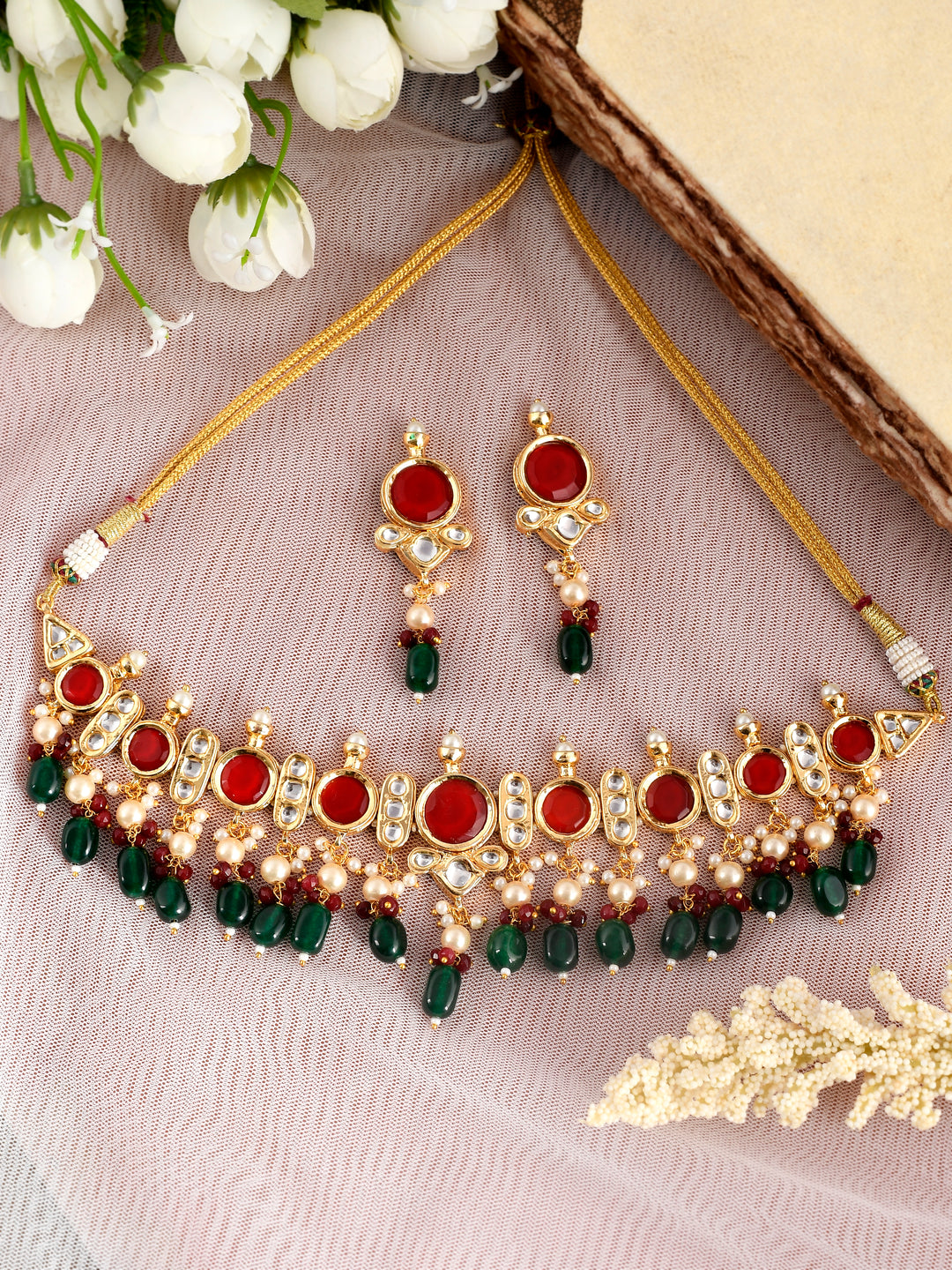 Dastoor Gold-Plated Red Kundan Studded Jewellery Set