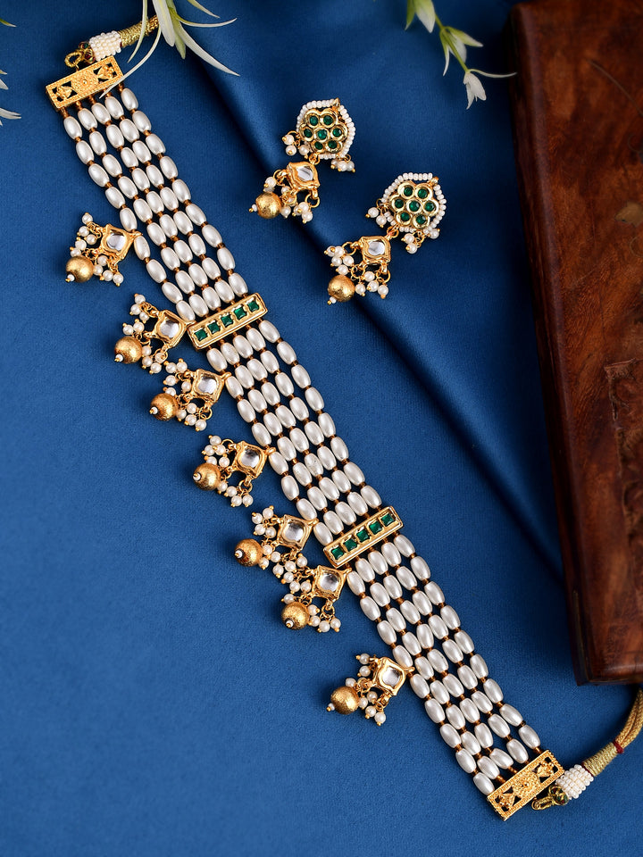 Gold-Plated White Kundan Studded  Beaded Jewellery Set
