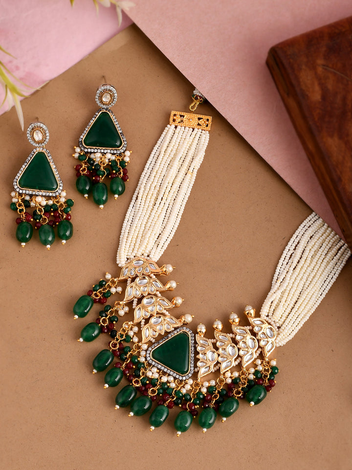 Dastoor  Green Kundan-Studded  Beaded Jewellery Set