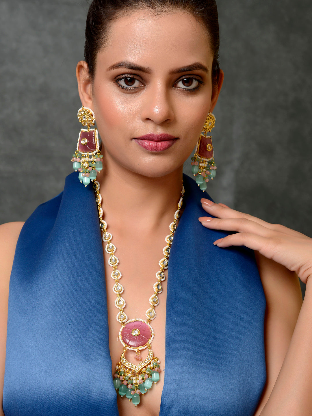 Pink Kundan Studded  Beaded Jewellery Set