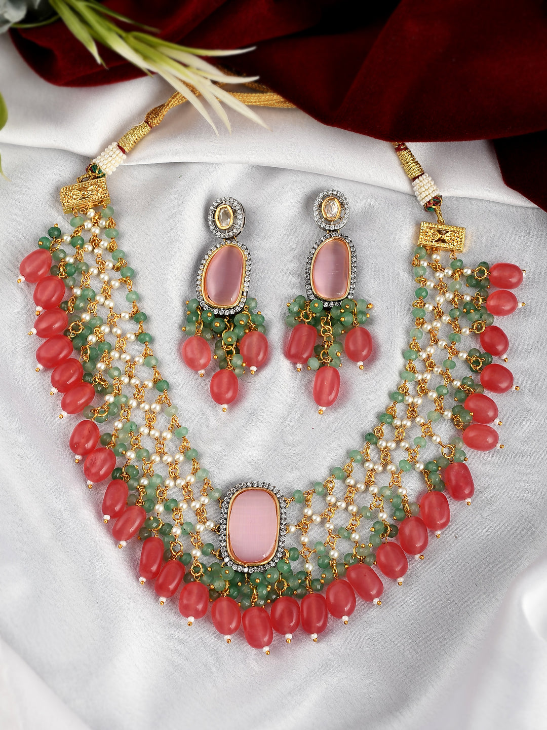 Dastoor  Pink  White Kundan Studded  Beaded Jewellery Set