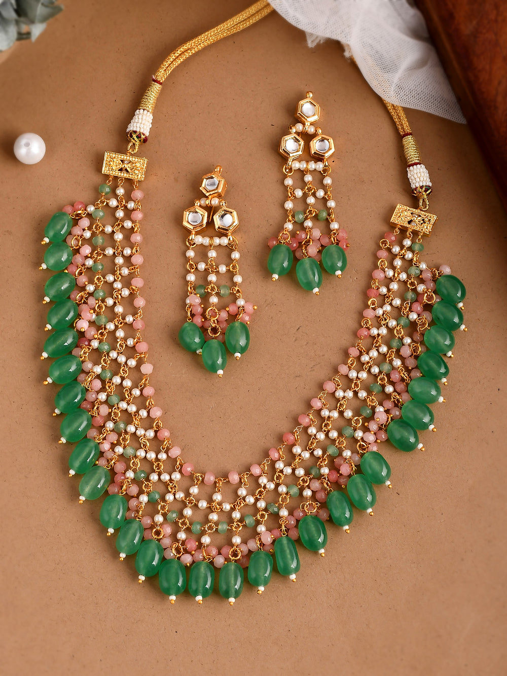 Pink  Green Kundan-Studded  Beaded Jewellery Set