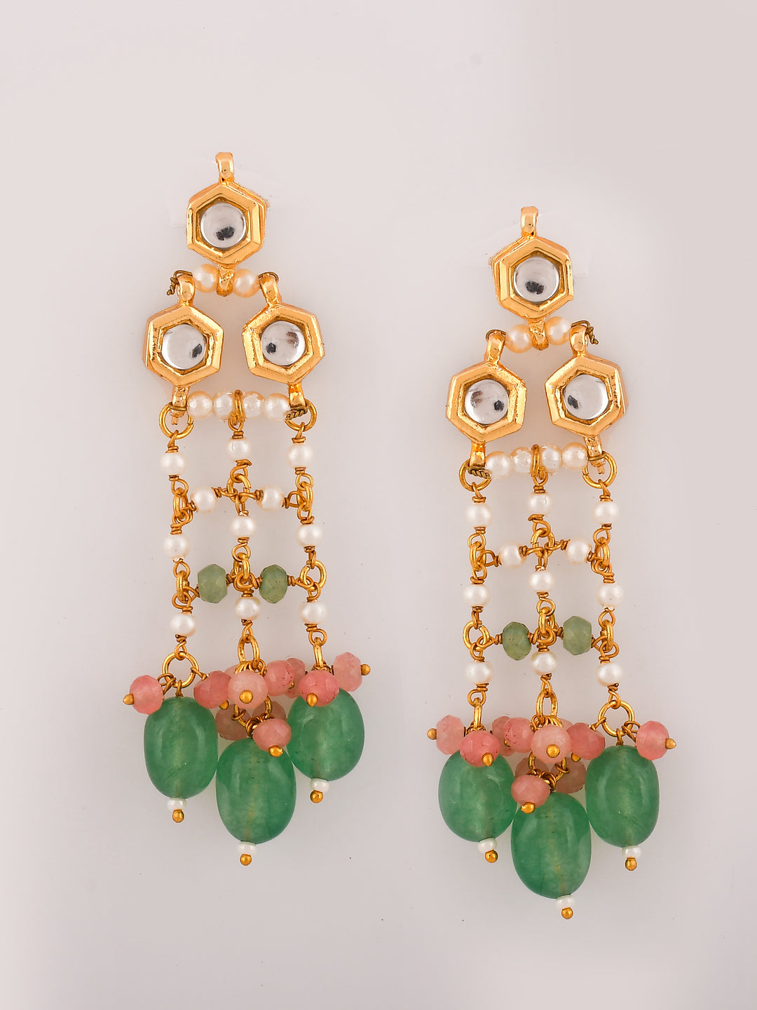 Dastoor Pink and Green Kundan-Studded  Beaded Jewellery Set