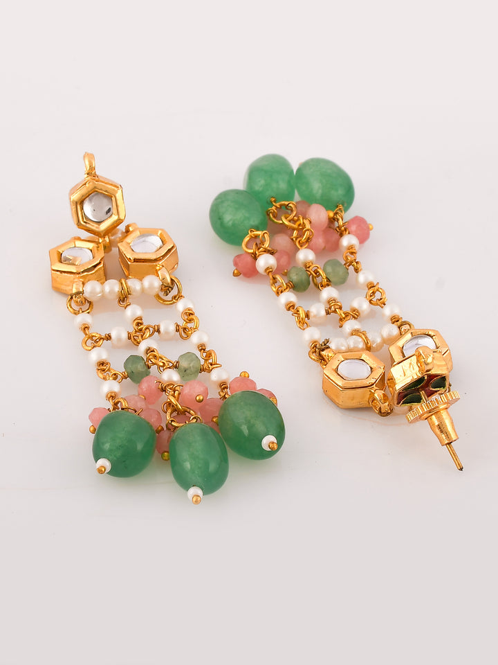 Dastoor Pink and Green Kundan-Studded  Beaded Jewellery Set