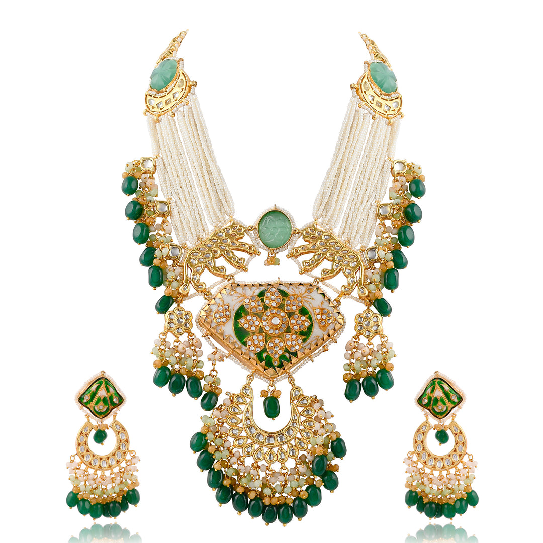 Dastoor Largish Abstract Pearl Green Long Necklace Set