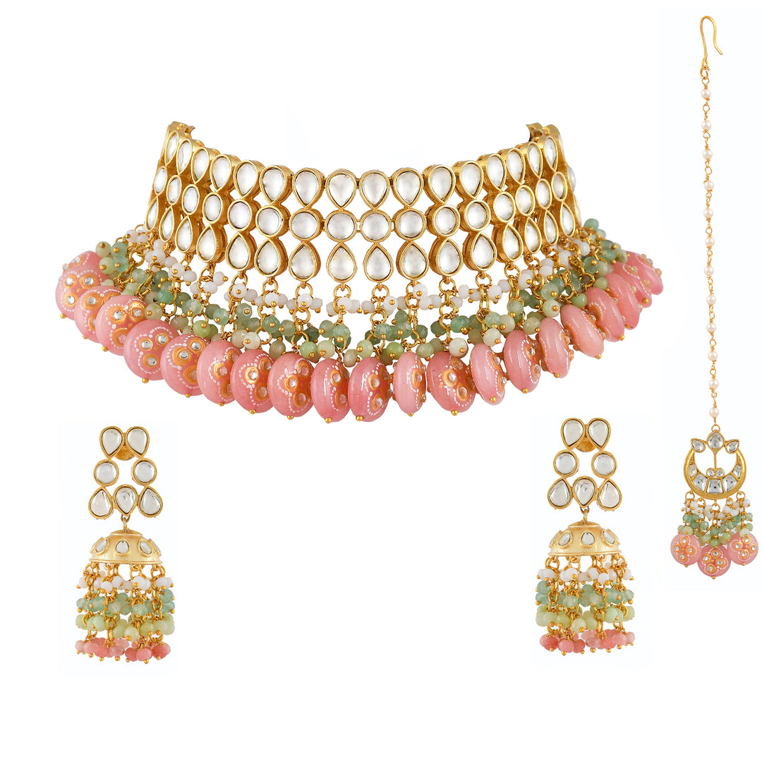 Dastoor Rare and Beautiful Highly unusual Jadau Choker Necklace Set With Mangtikka