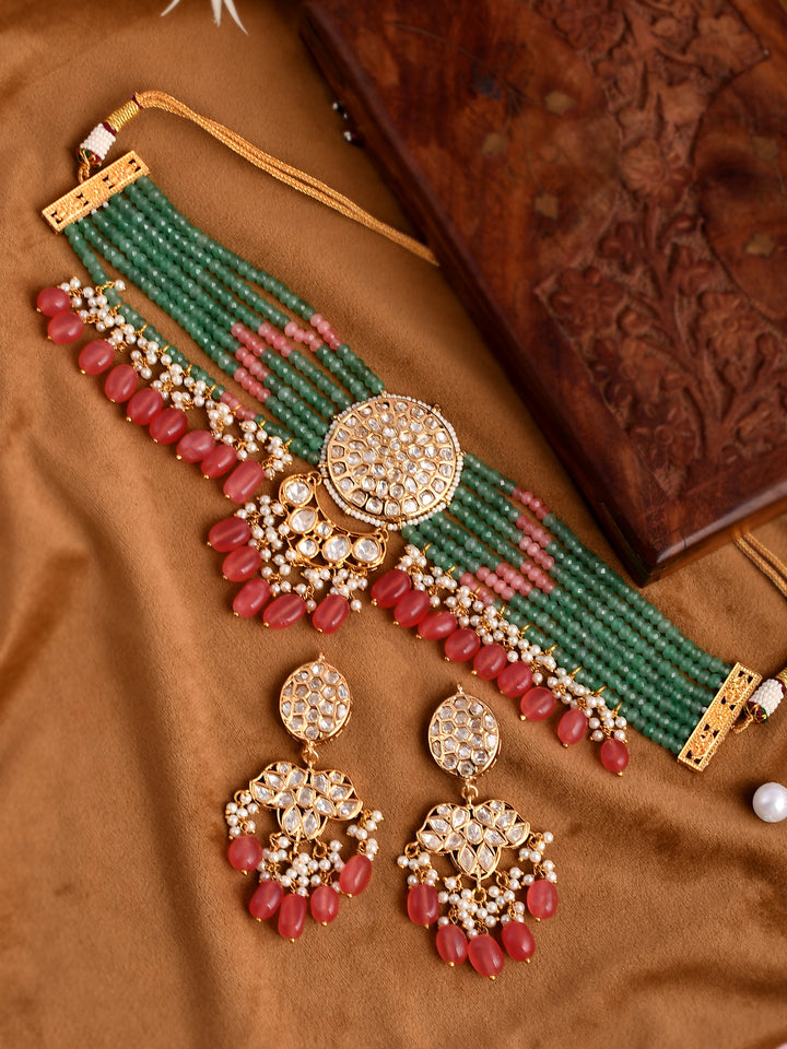 Dastoor 24K Gold-Plated Gold Toned Kundan Studded Polki Choker Jewellery Set