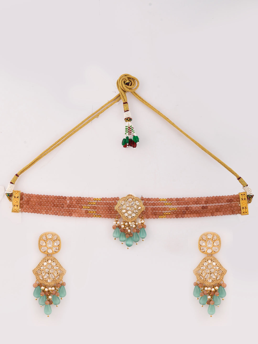 Dastoor 24K Gold-Plated Kundan Studded  Beaded Choker Jewellery Set