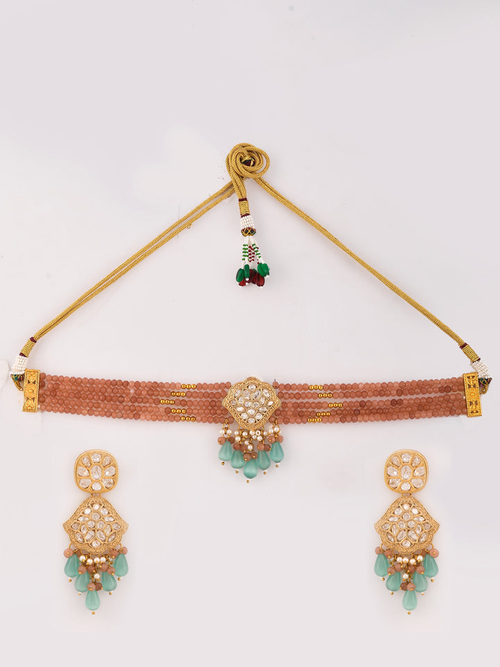 Dastoor 24K Gold-Plated Kundan Studded  Beaded Choker Jewellery Set