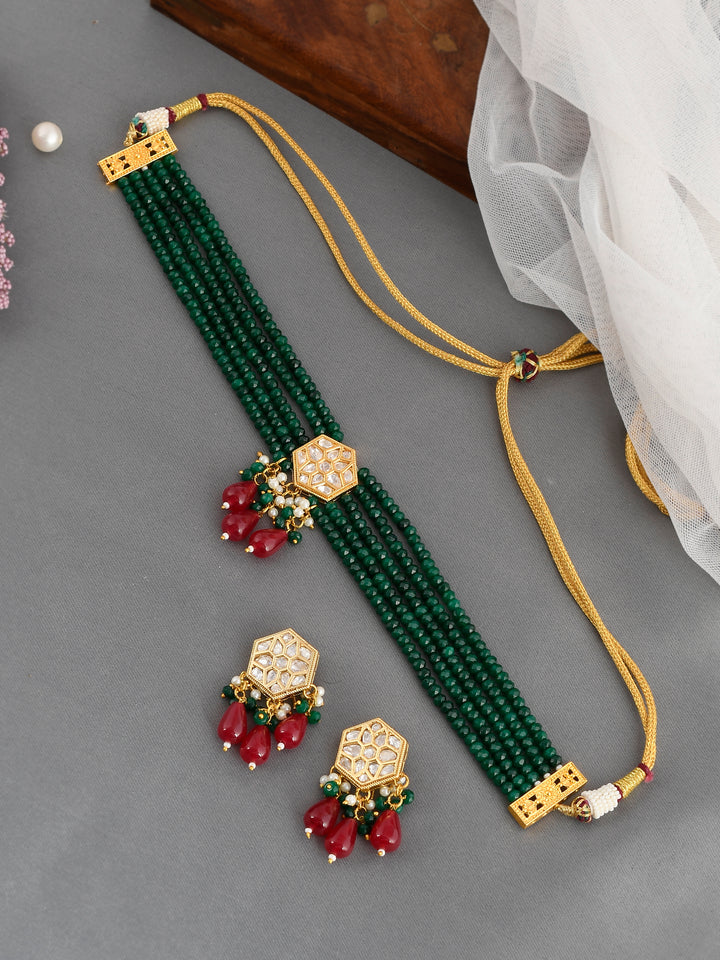Dastoor Gold-Plated Green Kundan Studded Jewellery Set