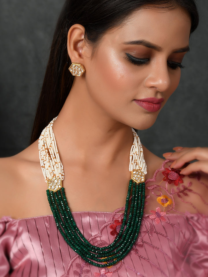 Dastoor Gold-Plated Green Kundan Studded  Beaded Jewellery Set