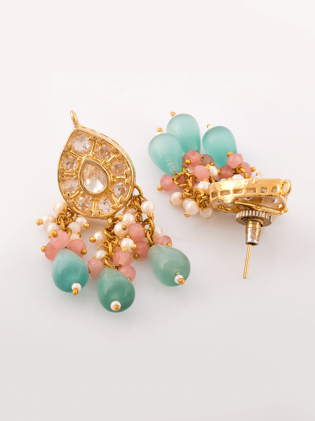 Dastoor Gold-Plated Pink  Sea-Green Kundan Polki Jewellery Set