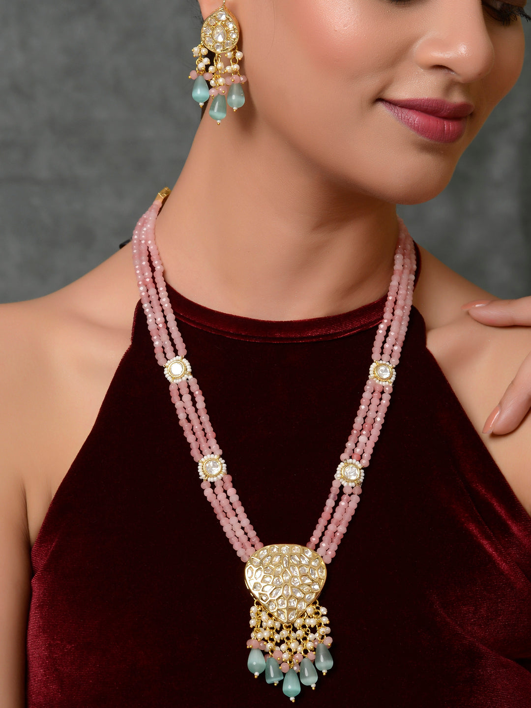 Dastoor Gold-Plated Pink  Sea-Green Kundan Polki Jewellery Set
