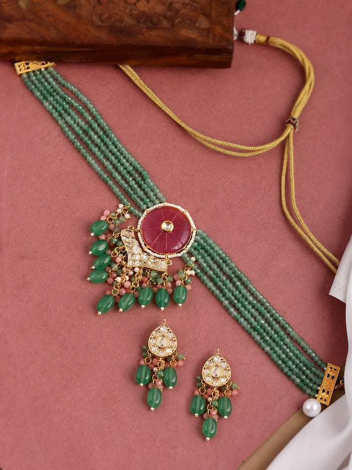 Dastoor Gold-Plated Green  Maroon Kundan Studded Polki Jewellery Set
