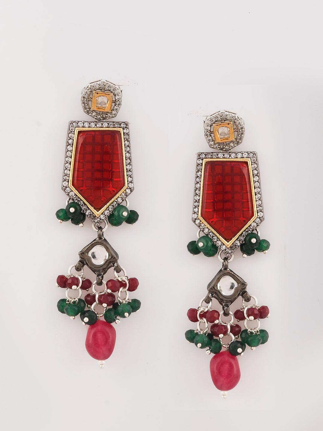 Dastoor 24K Gold-Plated Maroon Red  Green Polki Kundan-Studded  Beaded Jewellery Set