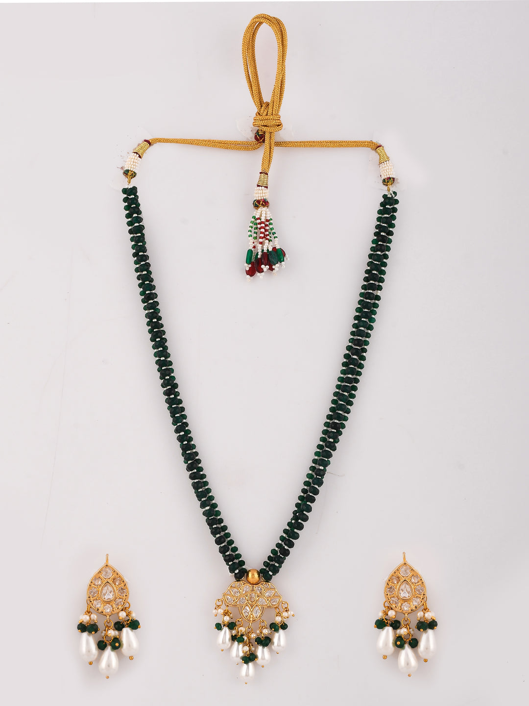 Dastoor Gold-Plated Green  White Kundan-Studded  Beaded Jewellery Set