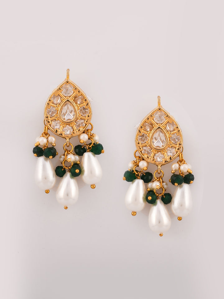 Dastoor Gold-Plated Green  White Kundan-Studded  Beaded Jewellery Set