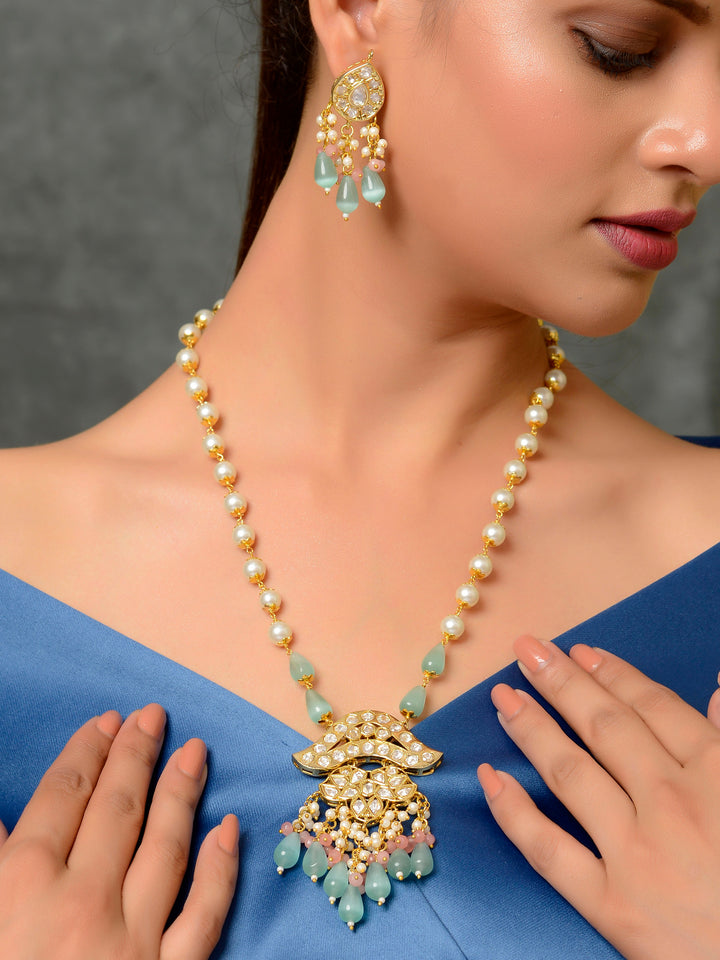 Dastoor Gold-Plated Sea Green Coloured  White Kundan Studded  Beaded Jewellery Set