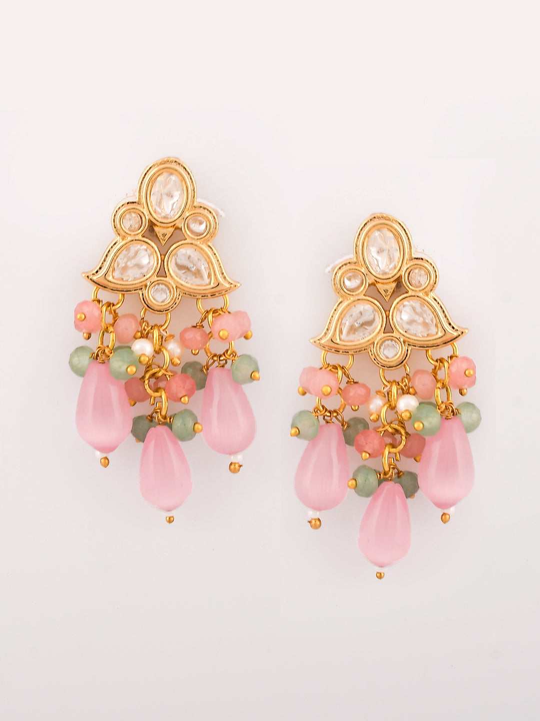 Dastoor Brass-Plated Green  Pink Kundan-Studded Jewellery Set