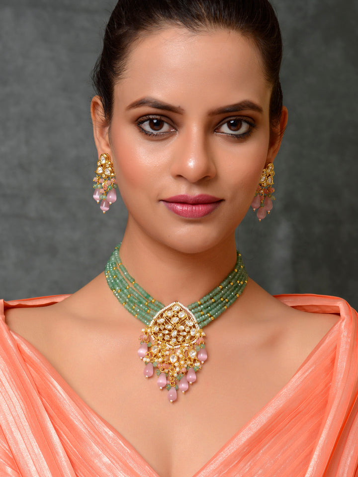 Dastoor Brass-Plated Green  Pink Kundan-Studded Jewellery Set
