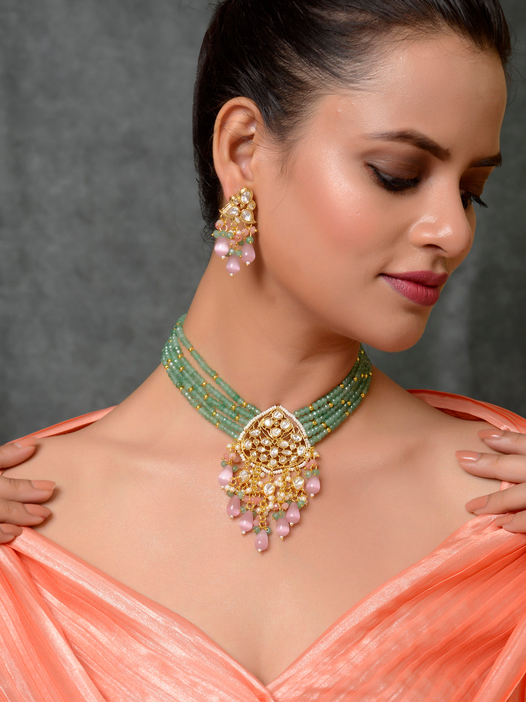 Brass-Plated Green  Pink Kundan-Studded Jewellery Set