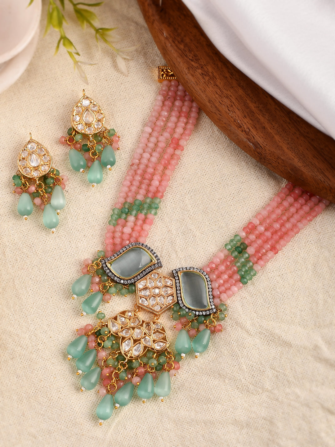 Dastoor Gold-Plated Pink  Green Kundan-Studded Beaded Jewellery Set