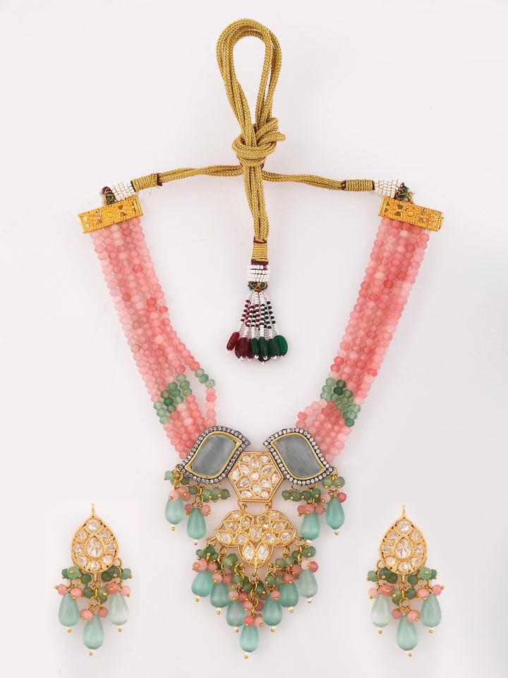 Dastoor Gold-Plated Pink  Green Kundan-Studded Beaded Jewellery Set