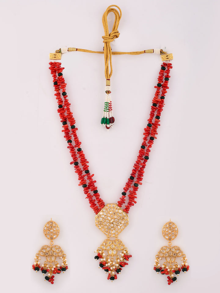 Dastoor Gold-Plated Red  White Kundan-Studded  Beaded Jewellery Set