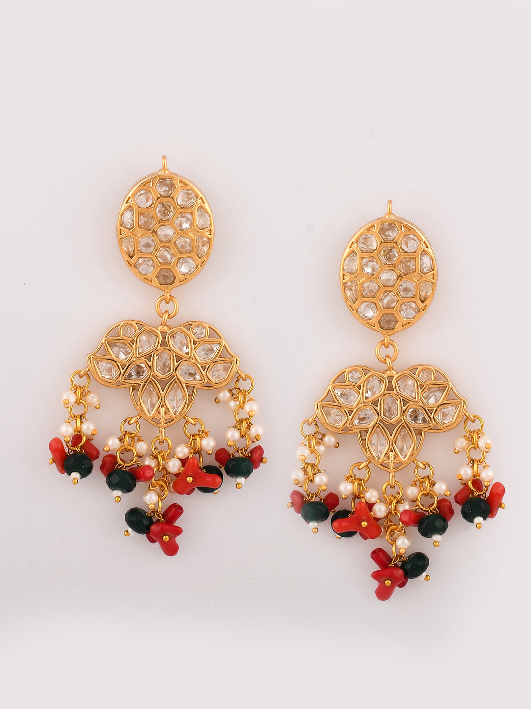 Dastoor Gold-Plated Red  White Kundan-Studded  Beaded Jewellery Set