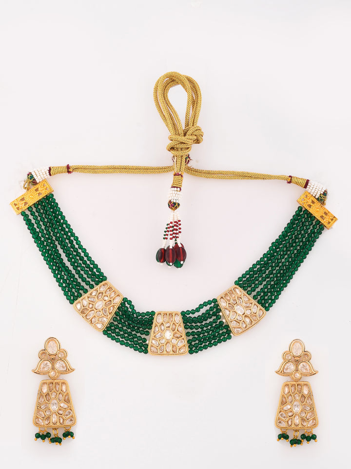 Dastoor Gold-Plated Green Kundan-Studded  Beaded Jewellery Set