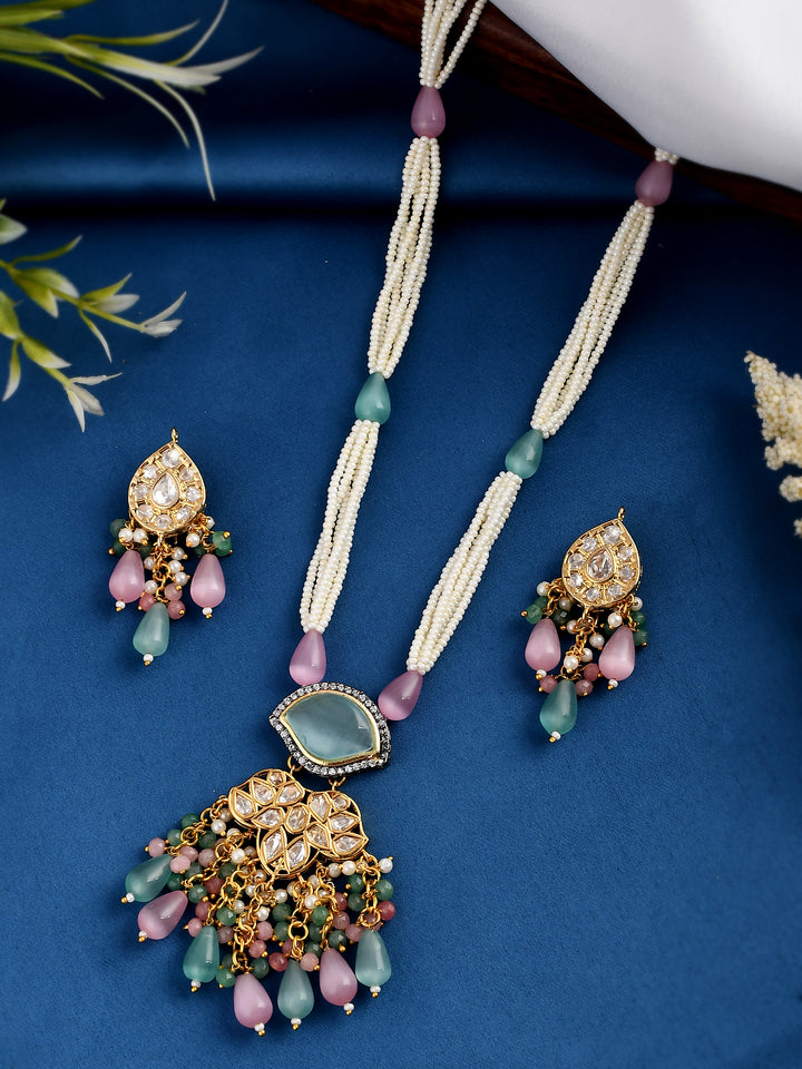 Dastoor Gold-Plated Pink  Green Kundan-Studded  Beaded Jewellery Set