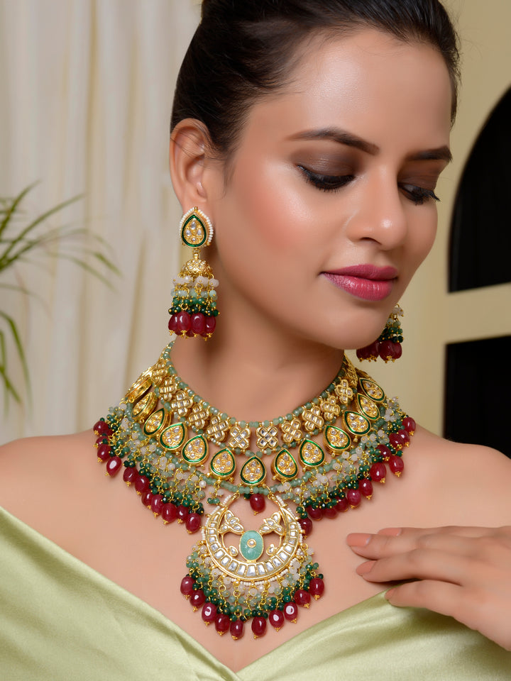 Dastoor Gold-Plated Red  White Kundan Studded Pearl Beaded Necklace Set