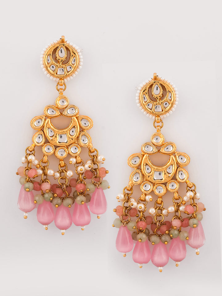 Dastoor Gold-Plated Pink  White Kundan Studded  Beaded Jewellery Set