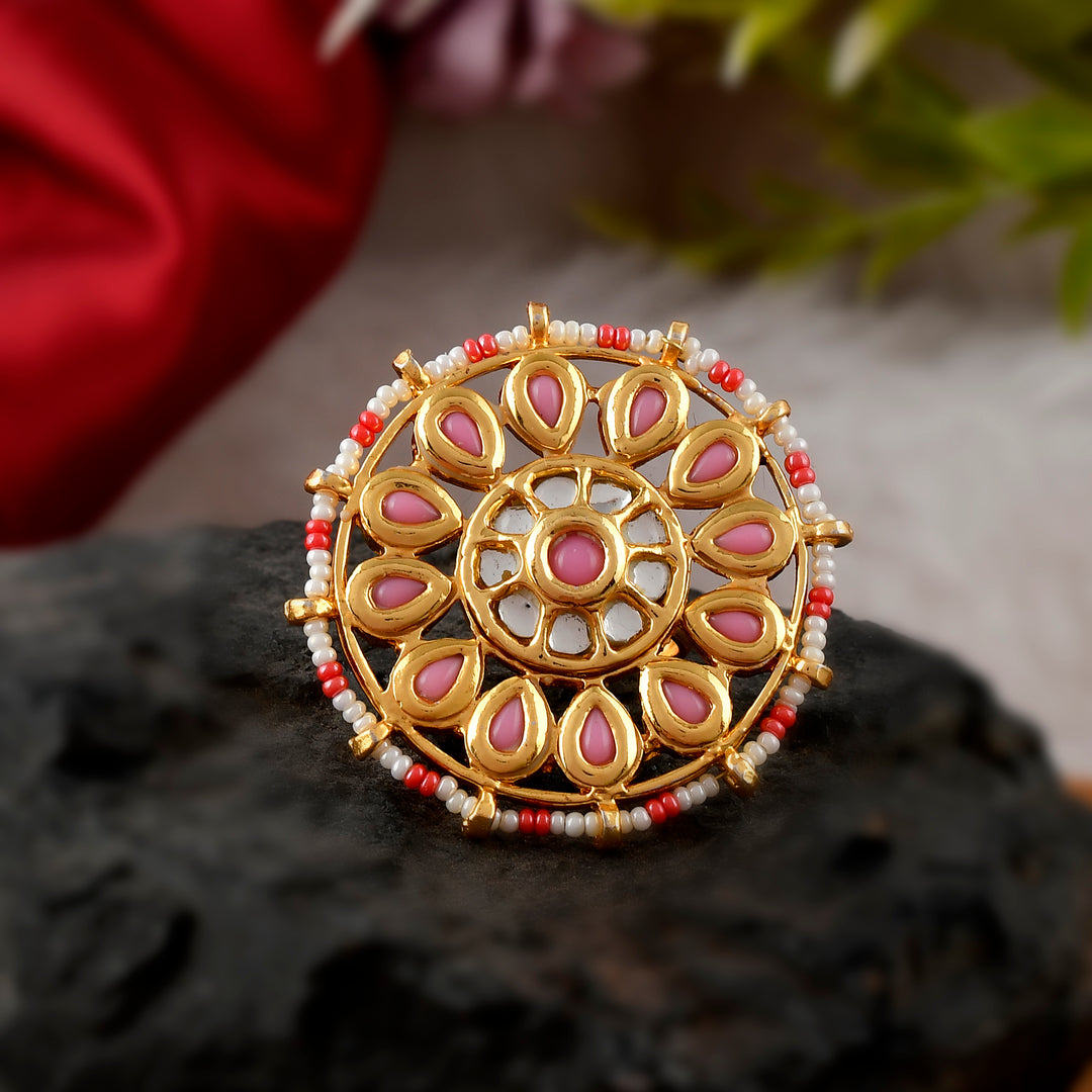 DASTOOR Women Gold-Plated Pink  White Kundan-Studded Meenakari Adjustable Ring