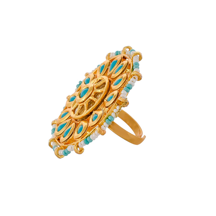 DASTOOR Women Gold-Plated Blue  White Kundan-Studded Adjustable Finger Ring