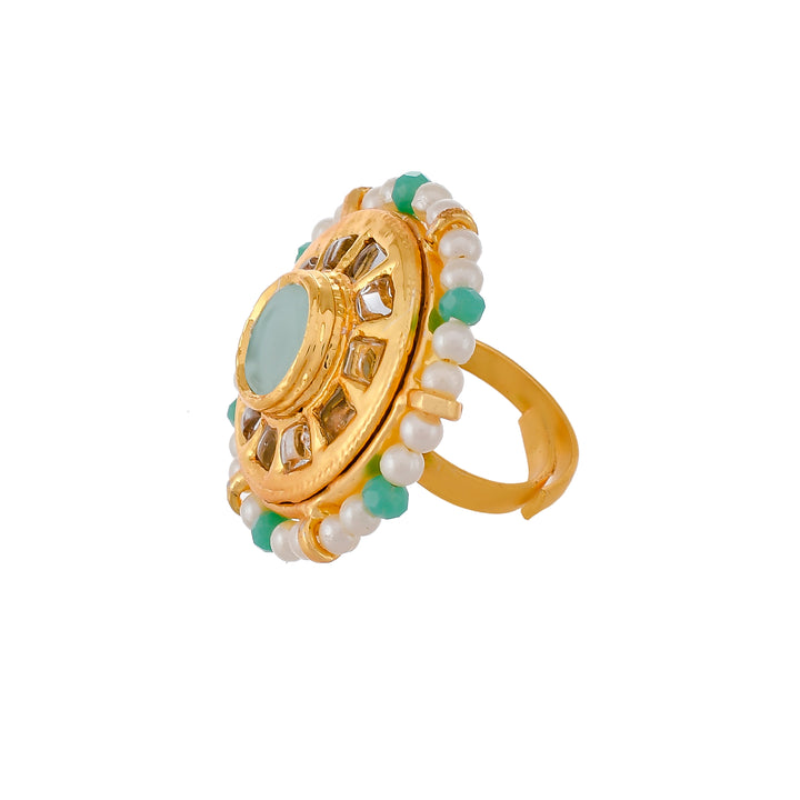 DASTOOR Gold-Plated  Turquoise-Blue Kundan-Studded Finger Ring