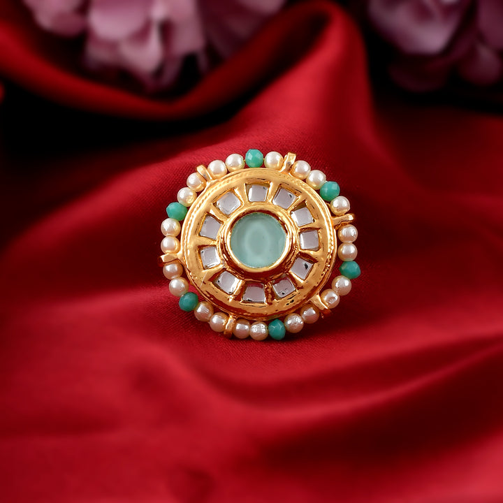 DASTOOR Gold-Plated  Turquoise-Blue Kundan-Studded Finger Ring