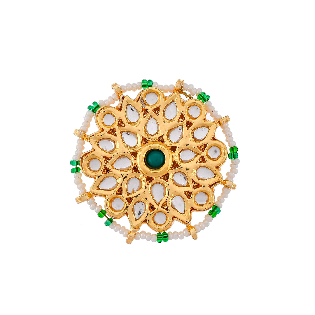 DASTOOR Gold-Plated Green  White Kundan-Studded Meenakari Finger Ring