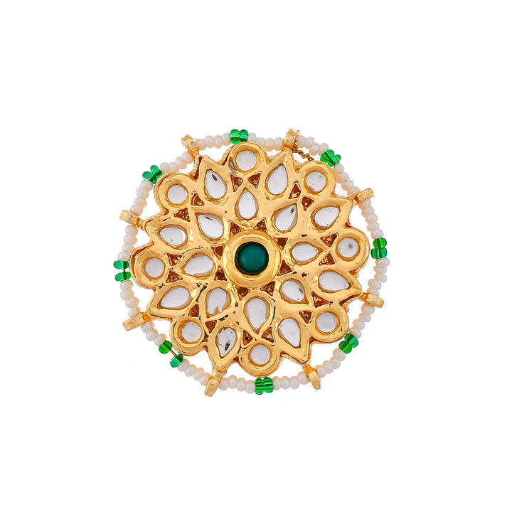 DASTOOR Gold-Plated Green  White Kundan-Studded Meenakari Finger Ring