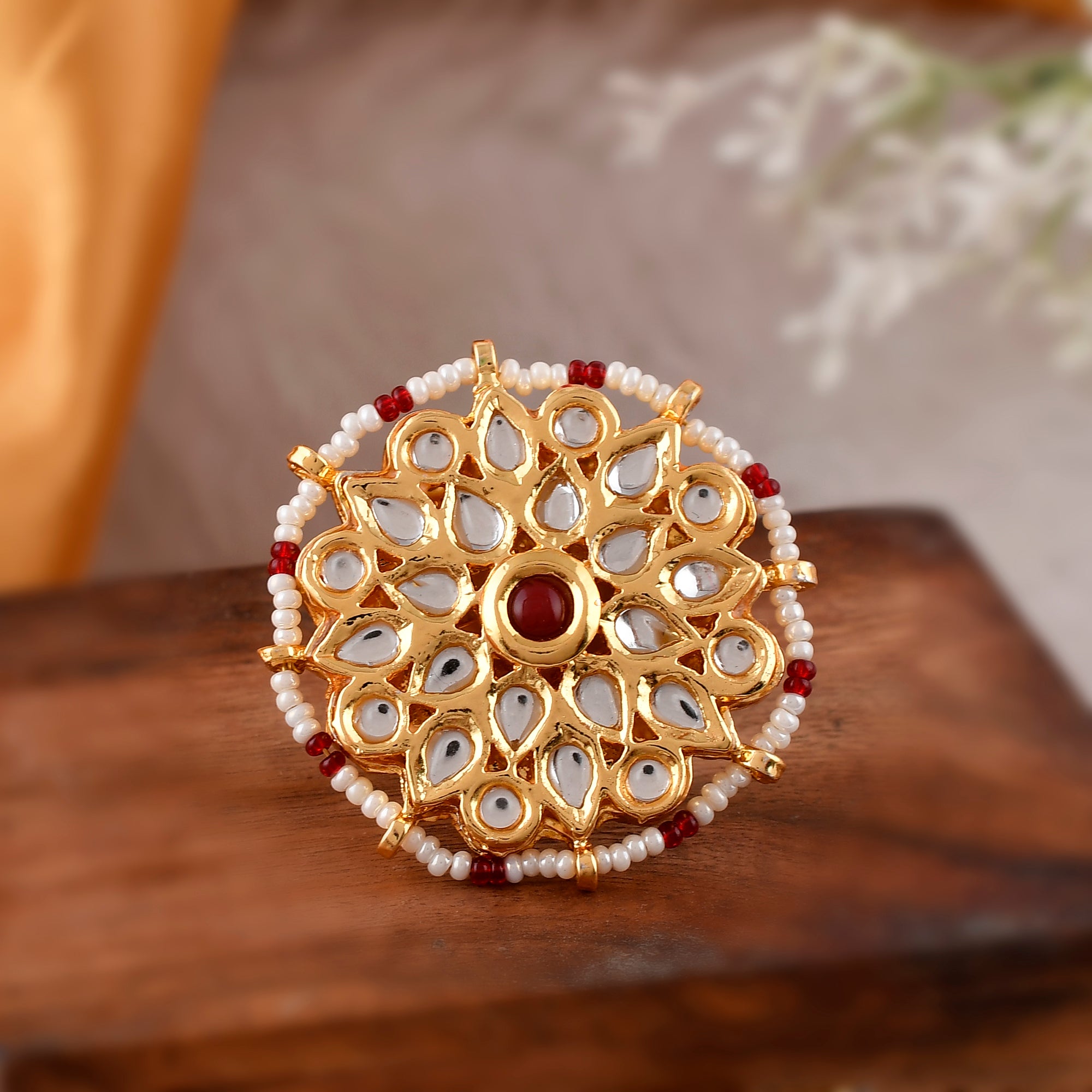 Designer Gold Plated Royal Kundan and Green Emerald Beaded Ring (Desig–  PAAIE