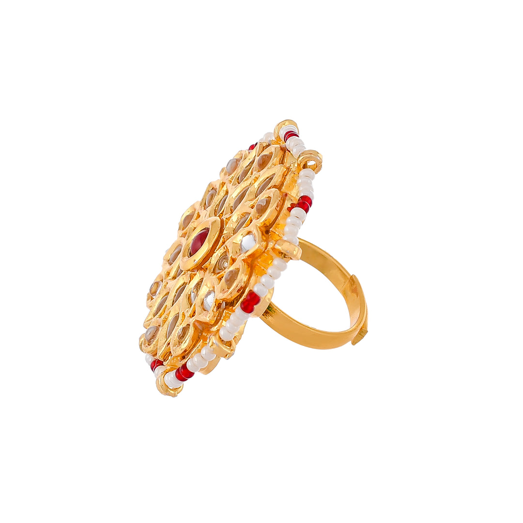 DASTOOR Gold-Plated Red  White Kundan Studded Meenakari Adjustable Finger Ring