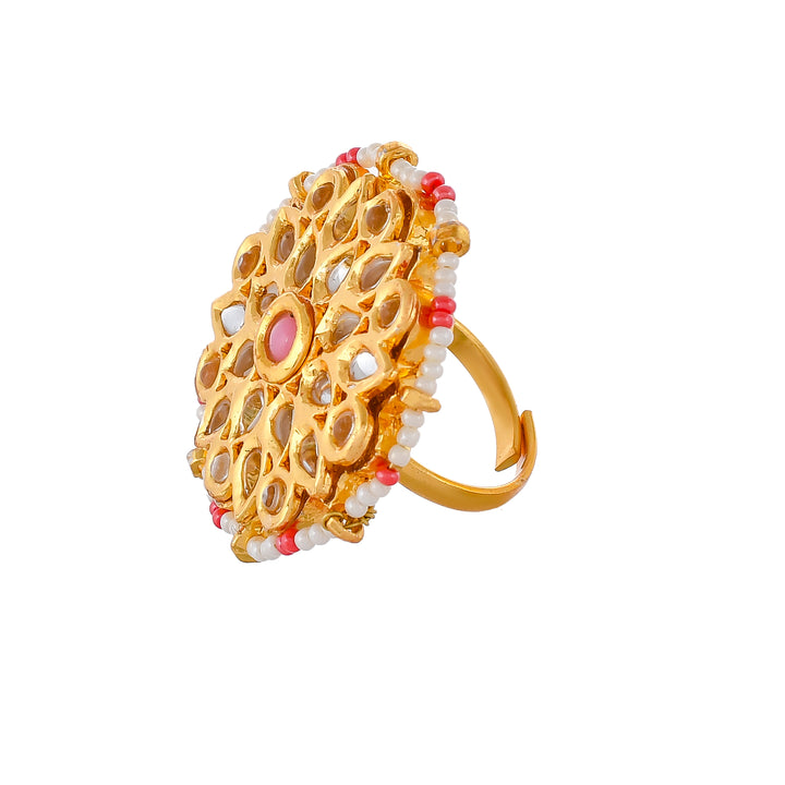 DASTOOR Gold-Plated White  Pink Kundan-Studded  Beaded Meenakari Adjustable Finger Ring