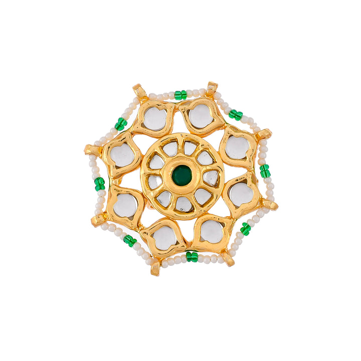 DASTOOR Gold-Plated White  Green Kundan Studded  Beaded Ring