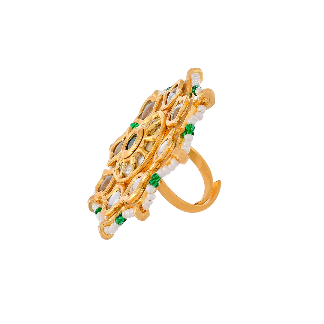 DASTOOR Gold-Plated White  Green Kundan Studded  Beaded Ring