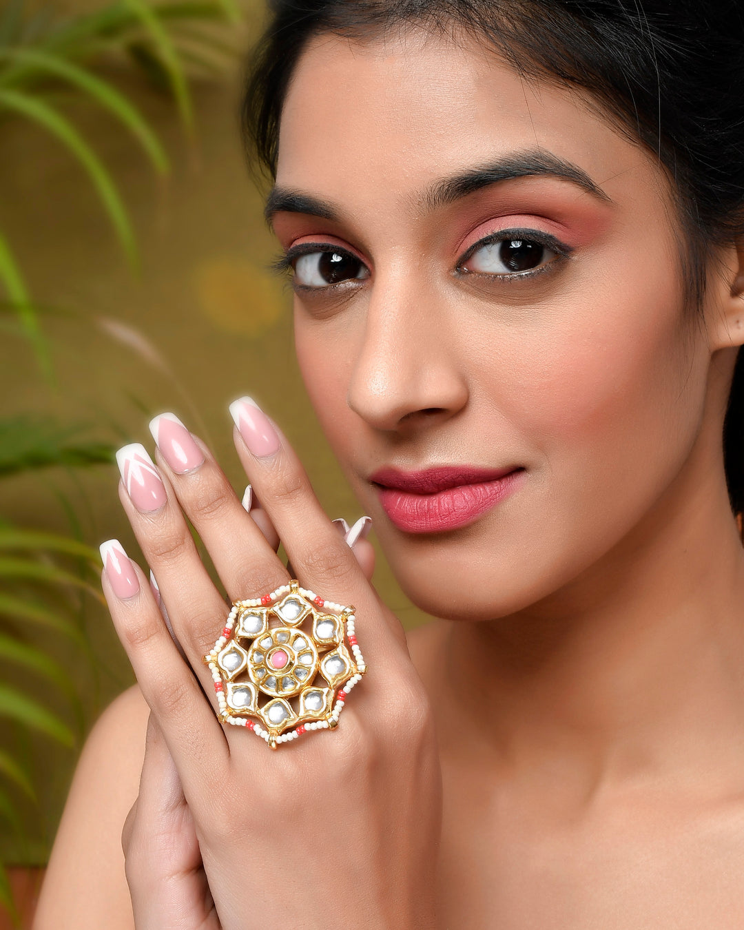 DASTOOR Gold-Plated Pink  White Kundan Studded Meenakari Adjustable Finger Ring