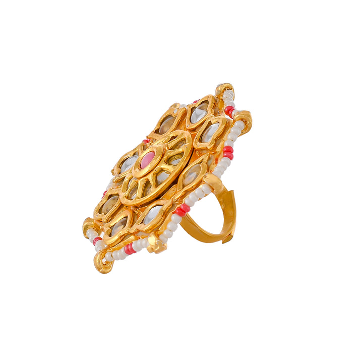 DASTOOR Gold-Plated Pink  White Kundan Studded Meenakari Adjustable Finger Ring