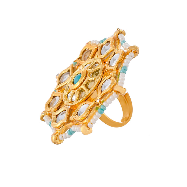 DASTOOR Gold-Plated Blue  White Kundan Studded Meenakari Finger Ring
