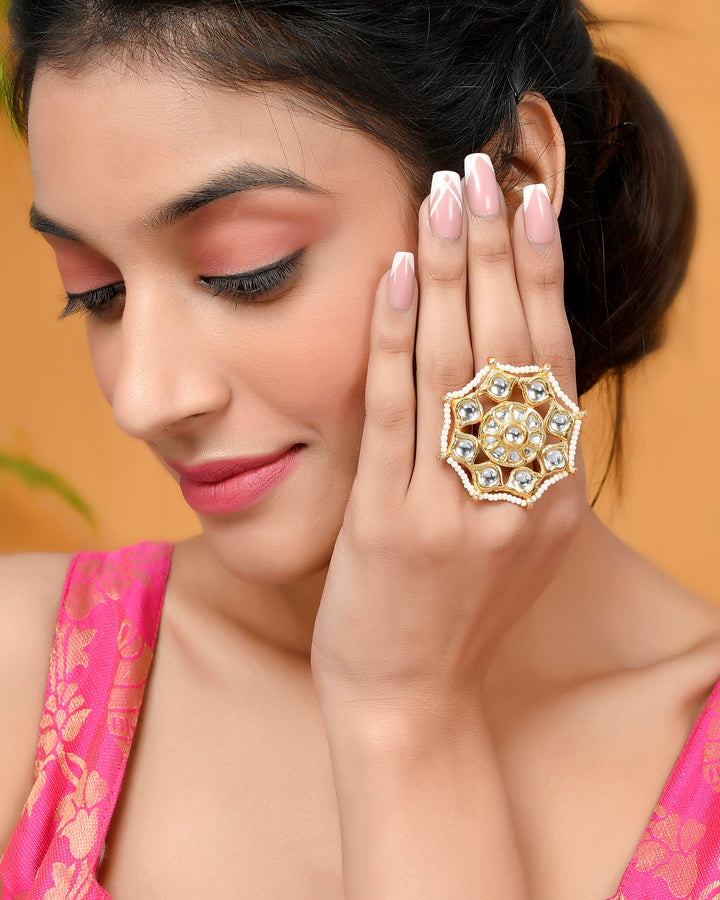 DASTOOR Gold-Plated White Kundan-Studded  Beaded Adjustable Finger Ring