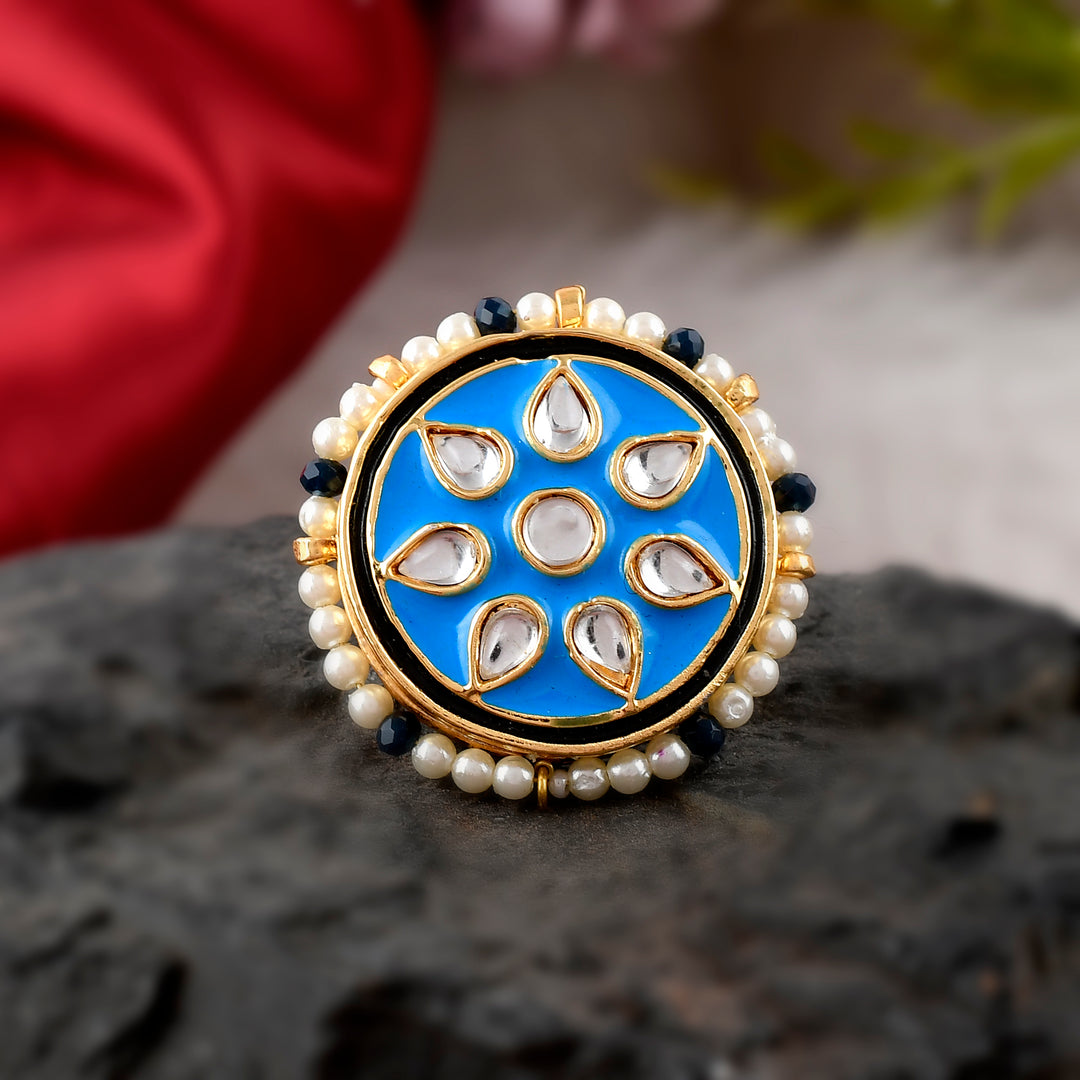 DASTOOR Women Gold-Plated Blue Kundan-Studded Finger Ring